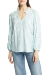 Caslon Split Neck Blouse In White- Pink Ornate Vines