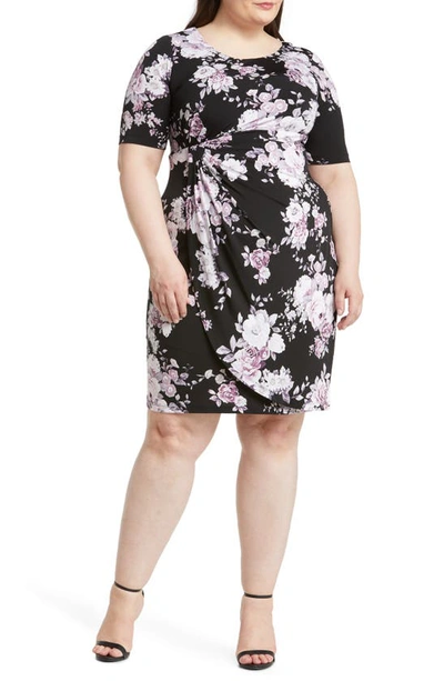 Connected Apparel Floral Faux Wrap Dress In Black