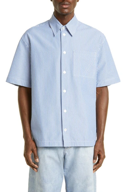 Bottega Veneta Stripe Cotton Seersucker Button-up Shirt In 4028 Blue White