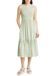 Treasure & Bond Smocked Sleeveless Midi Dress In Green Loden Vintage Lace