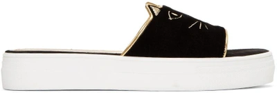 Charlotte Olympia Black Velvet Kitty Pool Slides