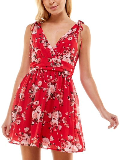Speechless Juniors Womens Floral Print Surplice Mini Dress In Red