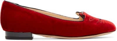 Charlotte Olympia Kitty Embroidered Velvet Flats In Red
