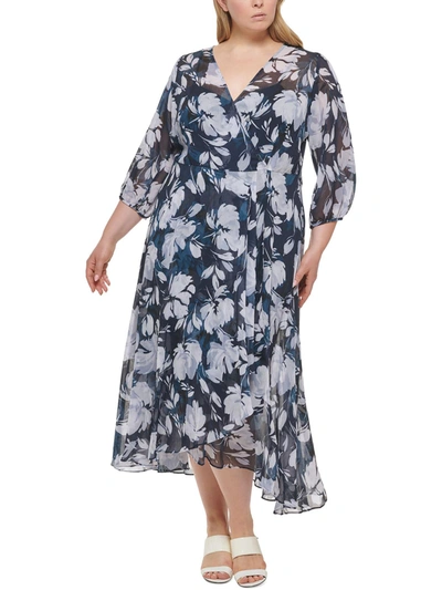 Calvin Klein Plus Womens Floral Faux Wrap Maxi Dress In Blue