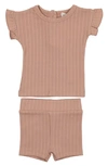 Maniere Rib Ruffle Sleeve Cotton Knit T-shirt & Shorts Set In Mauve