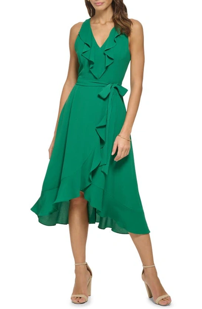 Kensie Ruffle Trim Faux Wrap Dress In Trop Green