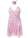 Blumarine Rose Ruched Halterneck Jersey Minidress In Mauve Orchid