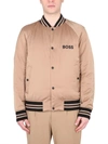 Hugo Boss Logo Bomber Jacket With Ribbed Collar And Cuffs In Brown