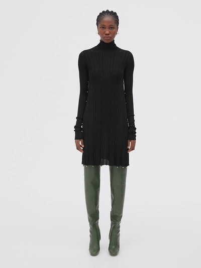 Bottega Veneta Turtleneck Button Keyhole-sides Plisse Dress In Black