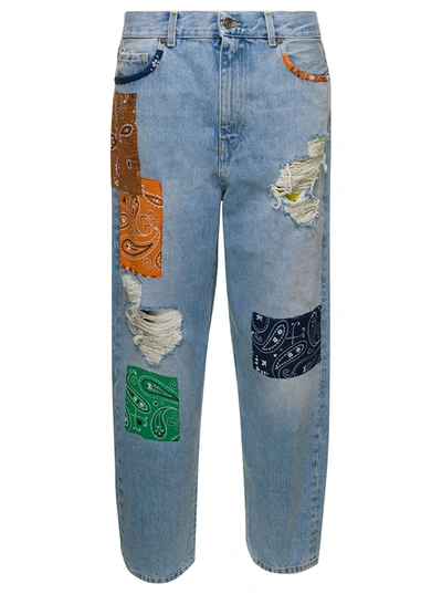 Alanui Light Blue Jeans With Bandana Patchwork In Cotton Denim Woman