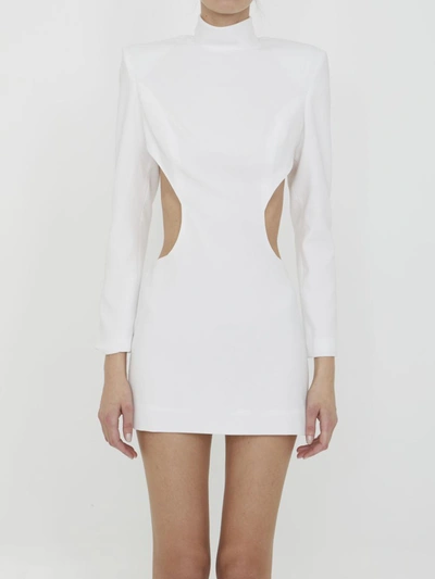 Monot Turtleneck Open-back Cutout Strong-shoulder Mini Dress In White
