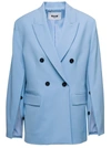 Msgm Light Blue Double-breasted Jacket With Buttoned Sleeves In Stretch Wool Woman In Blu