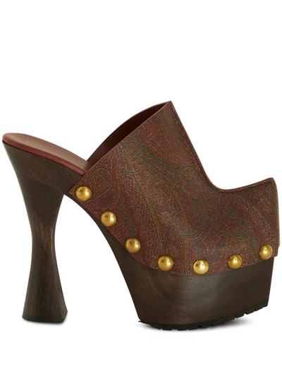 Etro Paisley-print Leather Clogs In Rosso