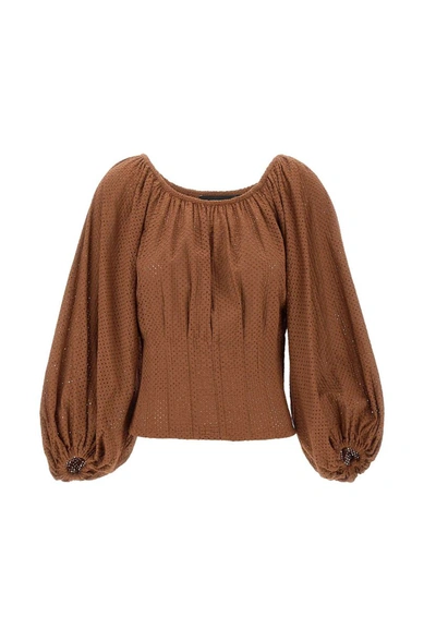 Federica Tosi Off-shoulder Long-sleeved Blouse In Brown
