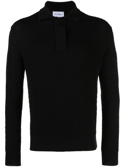 Ferragamo Long Sleeved Jacquard Polo In Black