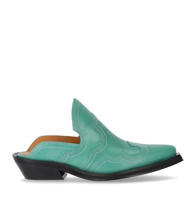 Ganni Embroidered Western Mules In Green
