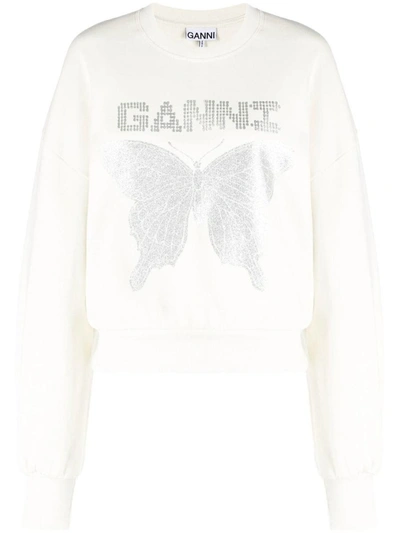 Ganni White Butterfly Logo-print Sweatshirt In Neutrals
