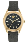 VERSACE V-CODE LEATHER STRAP WATCH, 42MM