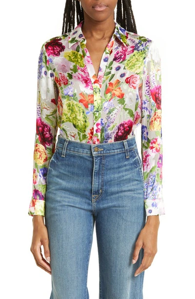 Alice And Olivia Floral-print Long-sleeve Shirt In White