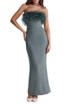 House Of Cb Strapless Feather Bodice Crepe Maxi Dress In Dark Eucalyptus