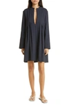 Vince Pleat Detail Long Sleeve Linen & Cotton Blend Trapeze Dress In Blue