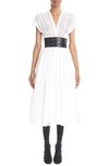 Alaïa Archetypes Cape-effect Belted Leather-trimmed Cotton-poplin Midi Dress In Blanc