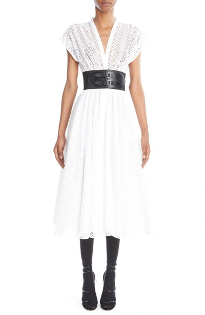 Alaïa Circle Eyelet Belted Midi Dress In White