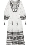 ZIMMERMANN DIVINITY TASSEL-TRIMMED EMBROIDERED LINEN MIDI DRESS