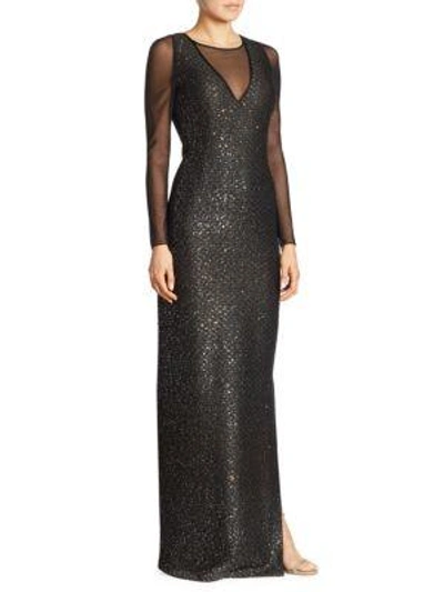 St John Sequined Knit Long-sleeve Gown, Black In Caviar Multi