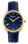 FERRAGAMO 1898 TWO-HAND QUARTZ CROC EMBOSSED LEATHER STRAP WATCH, 34MM