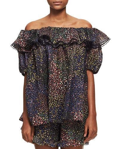 Chloé One-shoulder Ruffled Printed Cotton-blend Blouse In Iconic Navy