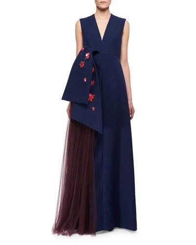 Delpozo Floral-embellished Sleeveless V-neck Gown, Blue In Navy