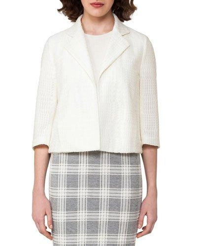Akris Check-embroidered 3/4-sleeve Cropped Jacket, Off White