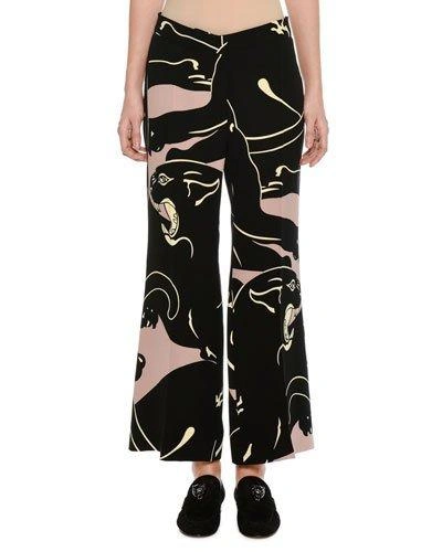 Valentino Panther-print Wide-leg Trousers, Pink/black In Pink & Purple