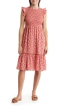 MELROSE AND MARKET SMOCKED FLUTTER SLEEVE MIDI DRESS