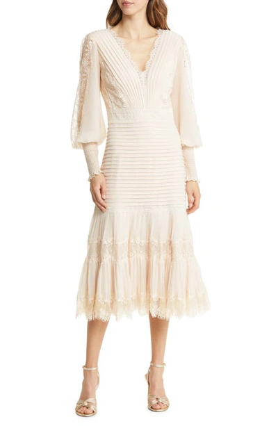 Tadashi Shoji Lace Pintuck Long Sleeve Midi Cocktail Dress In Petal