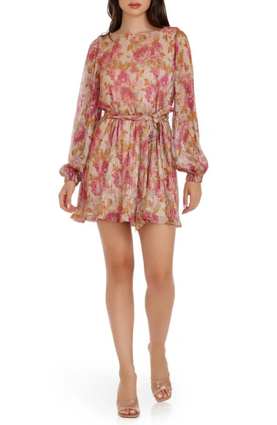Dress The Population Kirsi Metallic Floral Long Sleeve Minidress In Fuchsia Multi
