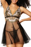 DREAMGIRL EMBROIDERED MESH BABYDOLL CHEMISE & G-STRING THONG