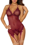 Dreamgirl Lace Trim Mesh Basque With Garter Straps & G-string Thong In Burgundy
