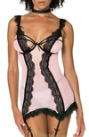 DREAMGIRL LACE TRIM UNDERWIRE BASQUE WITH GARTER STRAPS & G-STRING THONG