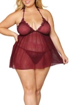 Dreamgirl Lace Trim Mesh Babydoll Chemise & G-string Thong In Burgundy