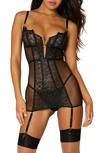 DREAMGIRL LACE TRIM MESH BASQUE WITH GARTER STRAPS & G-STRING THONG