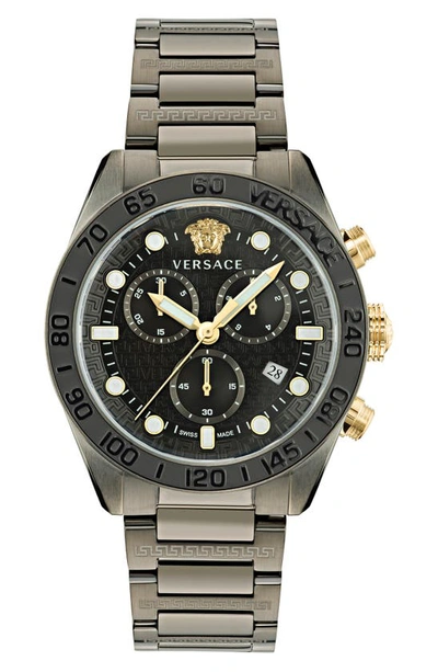 Versace Men's Swiss Chronograph Greca Dome Gunmetal Ion Plated Bracelet Watch 43mm In Ip Gunmetal