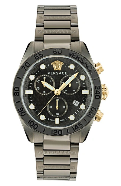 Versace Men's Swiss Chronograph Greca Dome Gunmetal Ion Plated Bracelet Watch 43mm In Gun Metal