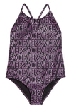Versace Logo Print Tech Onepiece Swimsuit In Black Tropical Pink