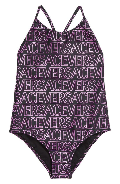 Versace Kids' Logo Print Tech Onepiece Swimsuit In Black Tropical Pink