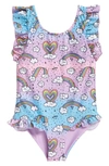 BOARDIES KIDS' RAINBOWS RUFFLE ONE-PIECE SWIMSUIT