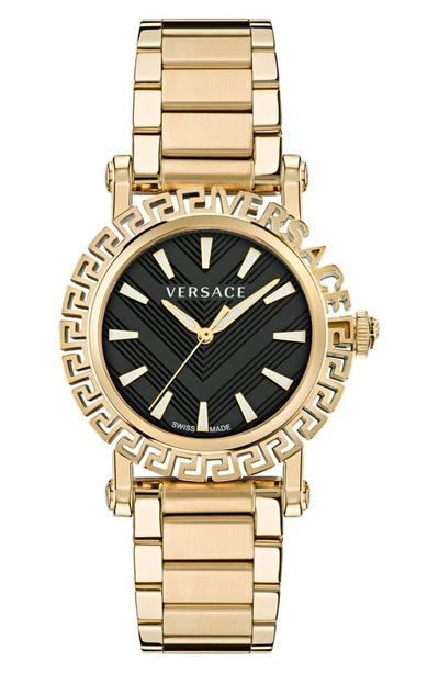 Versace Men's Swiss Greca Glam Gold Ion Plated Bracelet Watch 40mm In Black