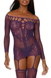 DREAMGIRL LACE & FISHNET GARTER DRESS WITH THIGH HIGH STOCKINGS