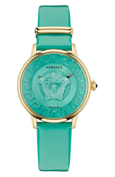 Versace Women's Swiss Medusa Alchemy Turquoise Leather Strap Watch 38mm In Ip Yellow Gold